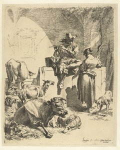 Fløytespillende hyrde og spinner av Nicolaes Pietersz Berchem