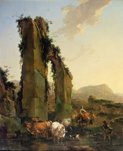 Bønder med storfe ved en ødelagt akvedukt, ca. 1655-60 (olje på lerret)