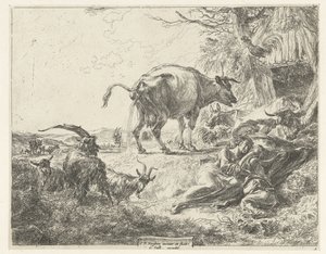 Sovende gjeterfamilie og hvilende husdyr av Nicolaes Pietersz Berchem