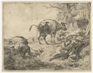 Sovende gjeterfamilie og hvilende husdyr av Nicolaes Pietersz Berchem