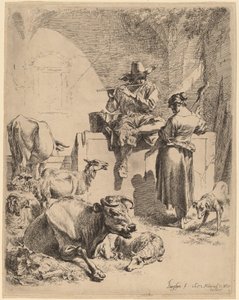 Hyrden sitter på en fontene og spinneren av Nicolaes Pietersz Berchem