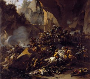 Reisende angrepet av ranere av Nicolaes Pietersz Berchem