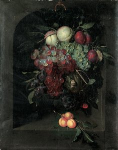 Swag av druer, fersken, plommer og kirsebær med en snegl i en steinnisje med en haug med aprikoser og bie på en avsats, 1666 av Nicolaes Van Gelder