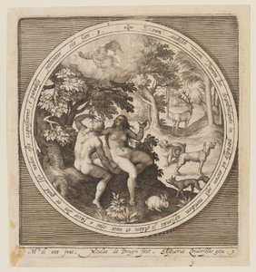 Adam og Eva gjemmer seg for Herren, fra skapelsen til utvisningen fra paradiset av Nicolaes de Bruyn