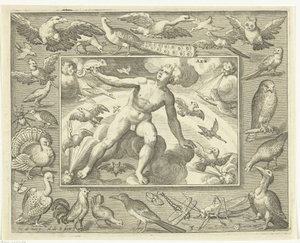 Element av luft som en ung mann på skyer mellom flygende fugler Aer (tittel på objekt) The Four Elements (serietittel) av Nicolaes de Bruyn