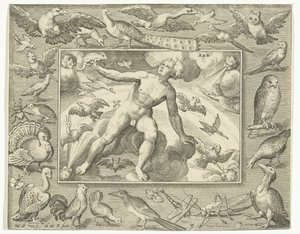 Element av luft som en ung mann på skyer mellom flygende fugler Aer (tittel på objekt) The Four Elements (serietittel) av Nicolaes de Bruyn