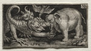 Elefant som kjemper mot to dyr av Nicolaes de Bruyn