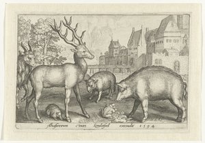 Hjort, pinnsvin, sau, frosk og gris Animalivm qvadrvpedvm (serietittel) Dyr i landskap (serietittel) av Nicolaes de Bruyn
