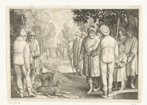 Josef blir solgt av brødrene sine til kjøpmenn ved brønnen Story of Joseph (serietittel) av Nicolaes de Bruyn