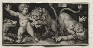 Lions Attacking Children, 1594. norvegiană av Nicolaes de Bruyn