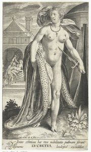 Lucretia met dolk tegen haar borst Blant de etniske gruppene bærer disse tre adelens håndflate, Lucretia (tittel på objekt) av Nicolaes de Bruyn