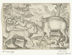 Leopard, villsvin og hunder Animalivm qvadrvpedvm (serietittel) Dyr i landskap (serietittel) av Nicolaes de Bruyn