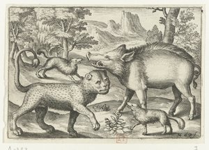 Leopard, villsvin og to hunder Animalivm qvadrvpedvm (serietittel) Dyr i landskap (serietittel) av Nicolaes de Bruyn