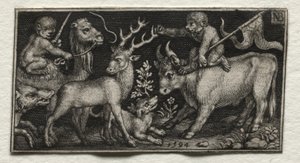 Aper som rir på en kamel og en okse, 1594. av Nicolaes de Bruyn