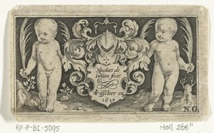 Titteltrykk med to barn med palmeblad ved siden av våpenskjoldet Frisere med barn, engler og dyr (serietittel) av Nicolaes de Bruyn