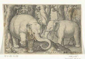 To elefanter Animalivm qvadrvpedvm (serietittel) Dyr i landskap (serietittel) av Nicolaes de Bruyn