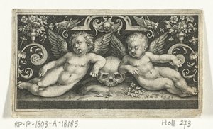 To barn slåss, rir på bukker, flankert av barn som blåser i trompeter Frisere med barn, engler og dyr (serietittel) av Nicolaes de Bruyn