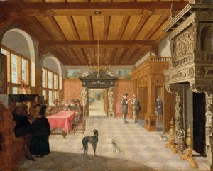 Interiør i en hall med figurer, 1621 av Nicolaes de Gyselaer