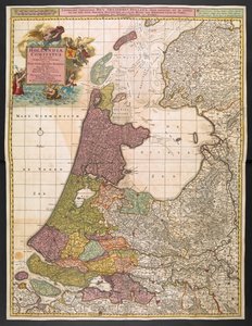 Kart over Holland, som viser bosetninger, myrer, skoger, åser, veier, elver og andre geografiske trekk, ca. 1710 (farget gravering) av Nicolaes the Elder Visscher