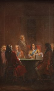 Christian V presenterer dansk lov 1683 av Nicolai Abildgaard