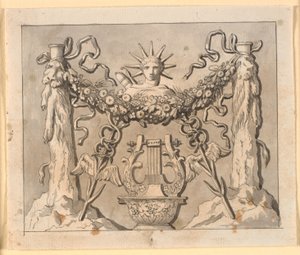 Dekorativ komposisjon med støttene til Herakles, leder av Apollo og forskjellige attributter av Nicolai Abildgaard