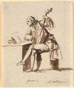 Den engelske poeten Gower satt med en lutt ved et bord som Herodot ligger spredt på av Nicolai Abildgaard