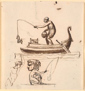 En mann i en båt løfter en fisk på en line. Nedenfor et utkast av en fisker, et hode og en naken mann av Nicolai Abildgaard