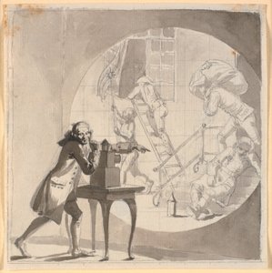 En mann med en laterna magica viser et tyveri som finner sted under nesen til den sovende vakten av Nicolai Abildgaard
