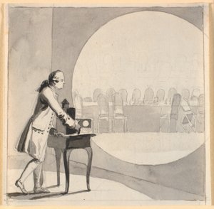En mann med en laterna magica viser et bilde av det tomme skaprommet av Nicolai Abildgaard