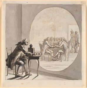 En mann med en laterna magica viser et bilde av Secret State Council av Nicolai Abildgaard