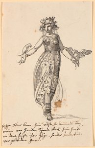 Frigga går, med et par hauker på de utstrakte armene. Samt noen linjer med artistnotater av Nicolai Abildgaard