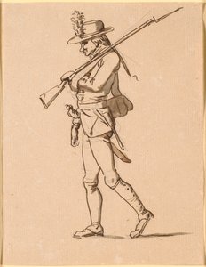 Karikatur av en soldat i profil til venstre. Venstre arm er bandasjert, men han bærer en rifle. av Nicolai Abildgaard