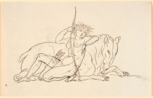 Kvinnefigur med piler og kogger, sittende lent mot et imaginært dyr (eventuelt en maursluker). Allegori av Amerika av Nicolai Abildgaard