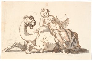 Kvinnefigur med turban og halvmåne, sittende lent mot en fantastisk kamel. Allegori av Asia av Nicolai Abildgaard