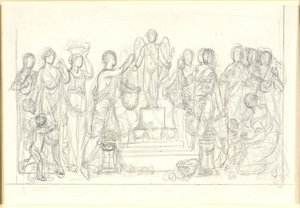 Offer til Amor. Den bevingede Amor på en sokkel, omgitt av tallrike figurer av Nicolai Abildgaard