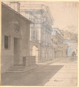 Perspektivstudie av arkitekturen i bildet av jordmor som forlater Androspigens hus av Nicolai Abildgaard