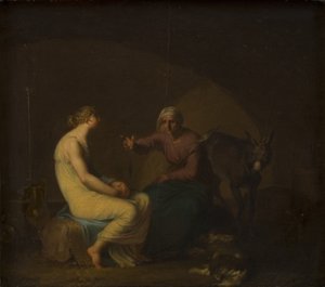 Røvergjengens husholderske trøster ungjenta ved å fortelle myten om Amor og Psyke. Motiv fra Apuleius: The Golden Ass av Nicolai Abildgaard