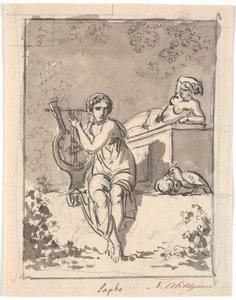 Sappho, sittende med lyren sin, i bakgrunnen hviler en hermafroditt av Nicolai Abildgaard