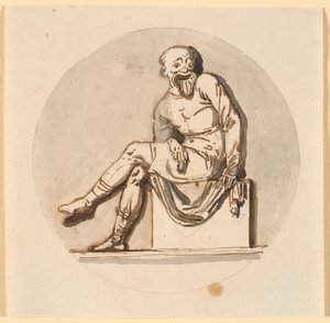 Sittende maskefigur, sirkulært innrammet. Utkast til pynt i tehuset i Sorgenfri park av Nicolai Abildgaard
