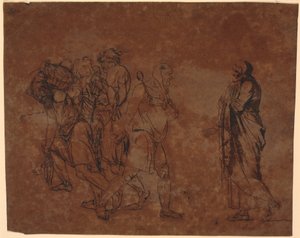 Studie av Simo, Sosie og slavene, på bildet med disse figurene. [Simo betror seg til Sosia] av Nicolai Abildgaard