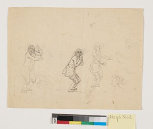 Studier av hoder og figurer, bl.a. en mannsfigur gjengitt tre ganger av Nicolai Abildgaard