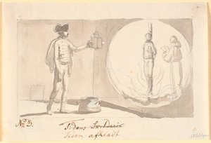 Tid avkledd. En husaroffiser med en laterna magica viser et bilde av en synder på bålet og ved siden av en munk som resiterer bønner av Nicolai Abildgaard