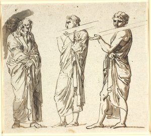Tre menn står, de to yngre bærer hver sin planke på skulderen, den tredje eldre i en ettertenksom stilling av Nicolai Abildgaard