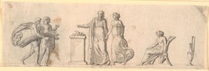 Utkast til utsmykning av et felt, antagelig malt trepanel på et møbel. Antikke figurer med blomsterkurver og neg ved et alter av Nicolai Abildgaard