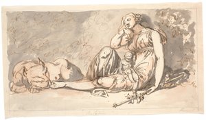 Utkast til dørstykke. The Sleep, en tilbakelent kvinneskikkelse med et lite barn og til høyre for henne en løve av Nicolai Abildgaard