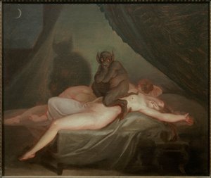 Marerittet. En djevel som sitter på kroppen til en naken kvinne og sover midt på natten. Maleri av Nicolas Abraham Abildgaard (1743-1809) EC.Dan.