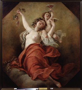 Bacchante (Bacchante). En kvinne med bar bryst holder drueklaser med en engel som bærer en kopp rødvin. Maleri av Nicolai Apollonovich Malkov (1794-1873), olje på lerret