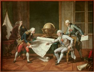 Kongen av Frankrike Louis XVI (1754-1793) ga instruksjoner til kaptein Jean-Francois Galaup, jarl av La Perouse (Jean Francois Laperouse