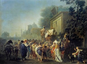 De reisende komikerne, galskapens teater Maleri av Nicolas Taunay (1755-1830) Reims fra 1800-tallet, Musee des Beaux Arts