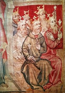 Detalj av Kristus på tronen med de apokalyptiske dyrene og de tjuefire eldste, nr. 4 fra The Apocalypse of Angers, 1373-87 (detalj av 83991) av Nicolas Bataille